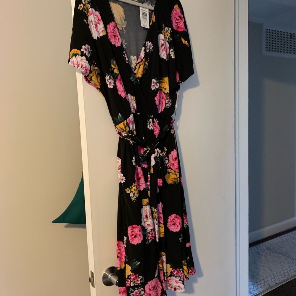 Black dress with pink, yellow, white floral detail. Brand new!